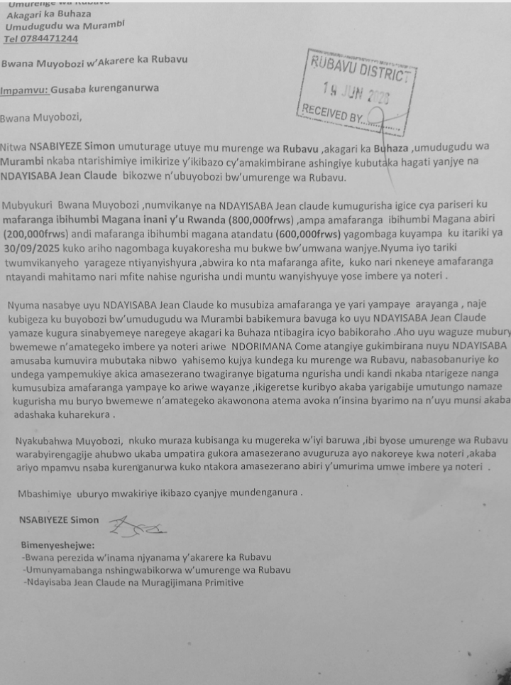 Ibaruwa Nsabiyeze yandikiye akarere asaba kumufasha akishyura Ndayisaba 