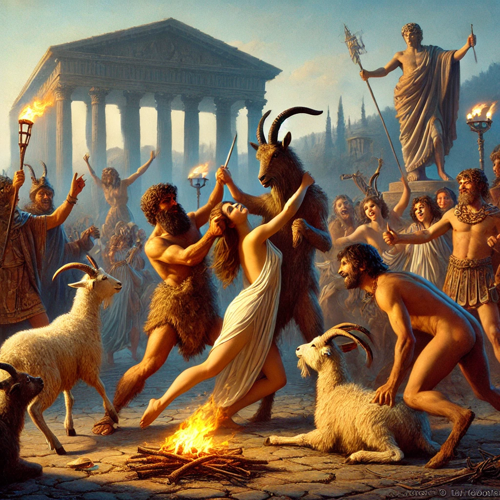 DALL·E 2025 02 14 10.45.57 A historical scene depicting ancient Romans celebrating Lupercalia a pagan festival associated with fertility and love. The image shows Roman men dre