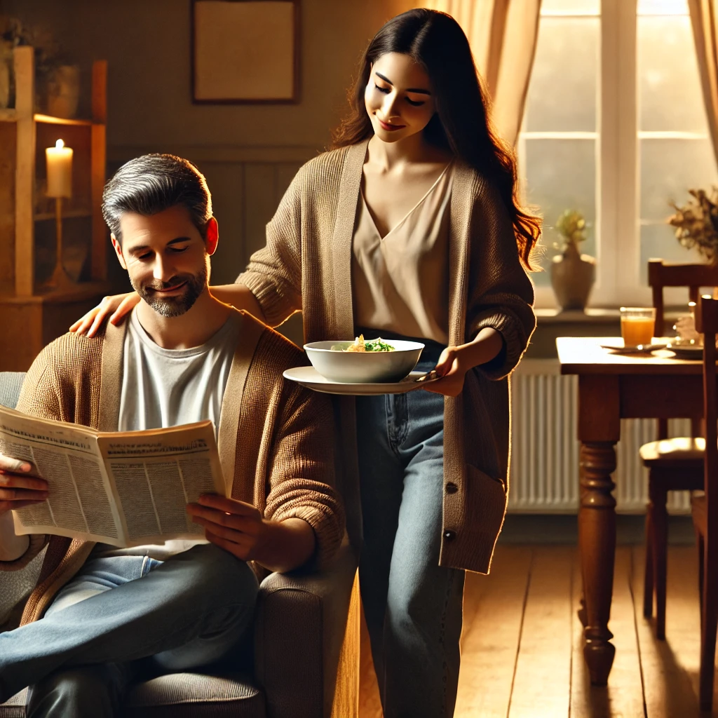 DALL·E 2025 02 21 16.54.29 A loving couple in a warm home setting. The man is sitting on a couch reading a newspaper while the woman is serving him a meal with a gentle smile