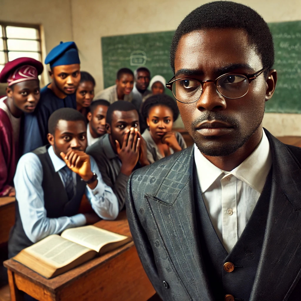 DALL·E 2025 03 01 11.11.33 A serious university professor in a Nigerian classroom wearing a formal suit looking worried while students in the background whisper and glance at