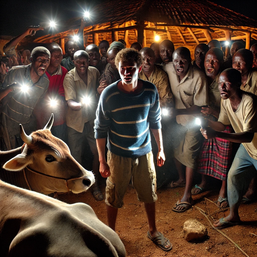 DALL·E 2025 03 01 12.02.18 A shocking scene in a rural Kenyan village at night where a group of angry villagers with flashlights have gathered around a wooden animal shed. A yo
