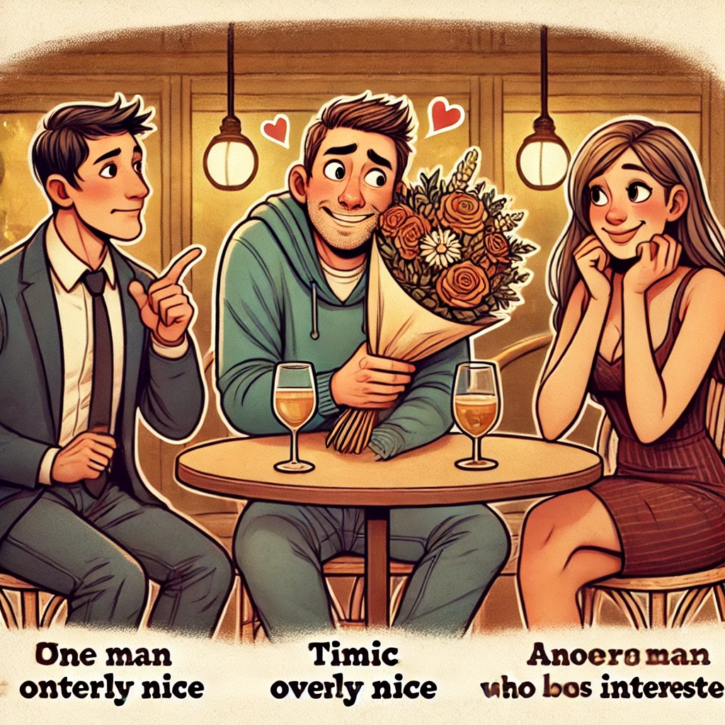 DALL·E 2025 03 01 12.43.20 An illustration of two types of men in a dating scenario one man looking timid and overly nice offering flowers nervously to a woman who seems unin