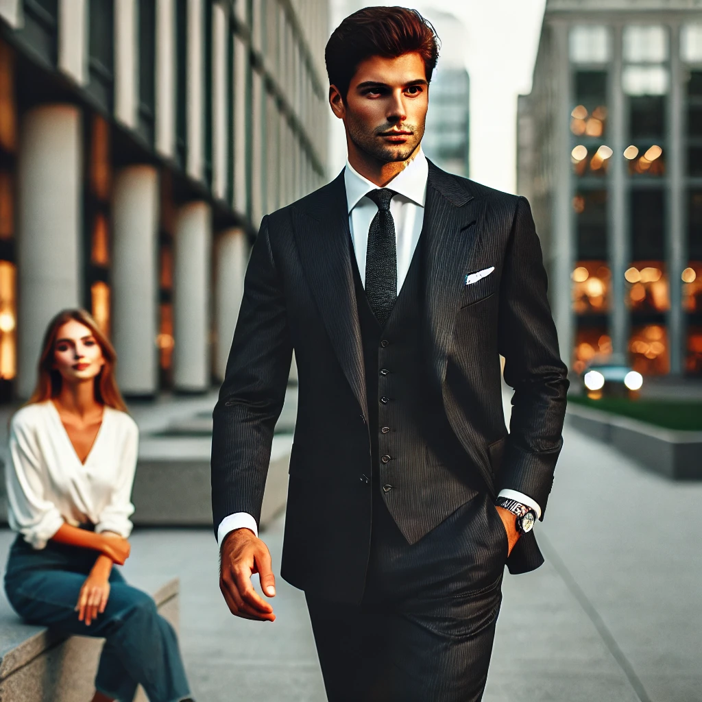 DALL·E 2025 03 04 17.43.03 A stylish man in a well fitted suit walking confidently in an urban setting. In the background a woman watches him with curiosity and admiration. The
