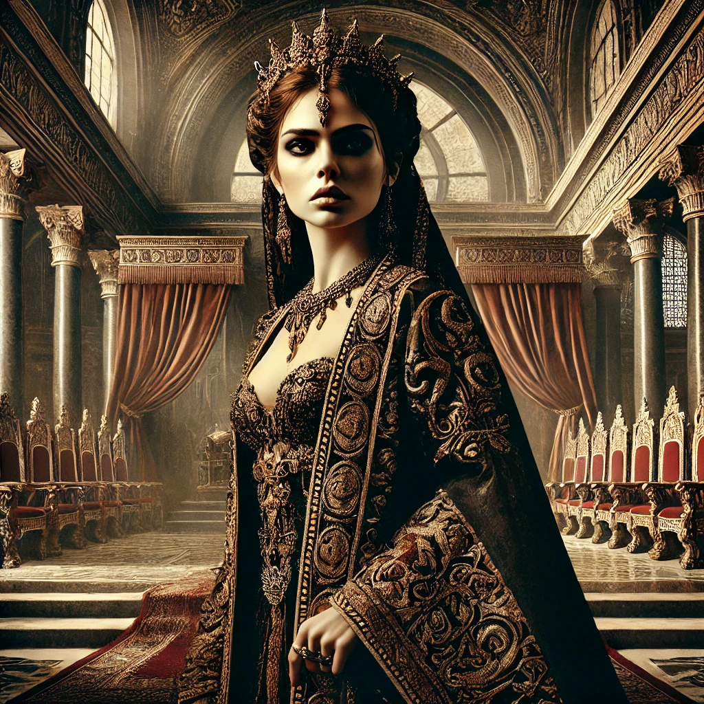 DALL·E 2025 03 13 18.04.21 A dramatic and historical illustration of Queen Athaliah an ancient and powerful queen from the Bible standing in a royal palace setting. She is dre