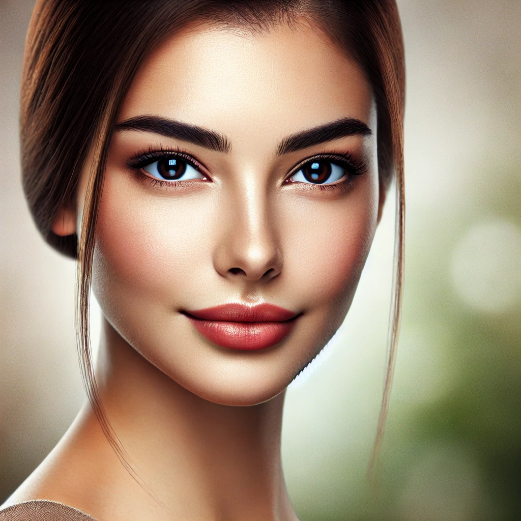 DALL·E 2025 03 18 18.14.12 A realistic portrait of a beautiful young woman with a confident expression. She has smooth skin deep expressive eyes and well groomed hair. The bac