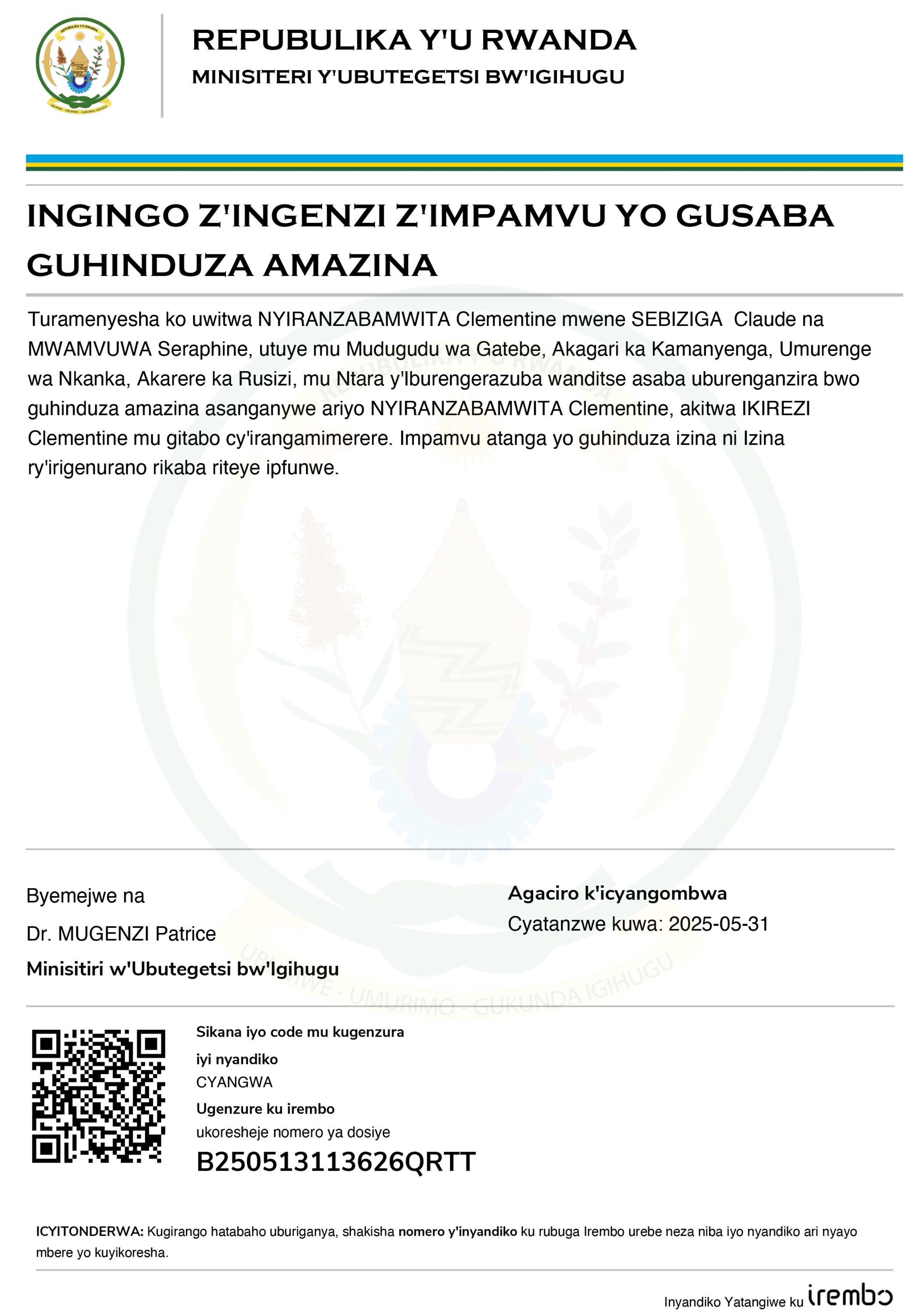 GUSABA UBURENGANZIRA BWO GUHINDURA AMAZINA B250513113626QRTT 1
