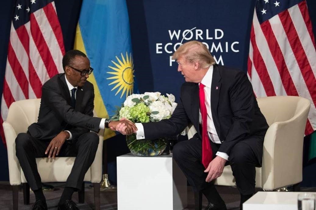 President Donald Trump shakes hands with Rwandan President Paul Kagame