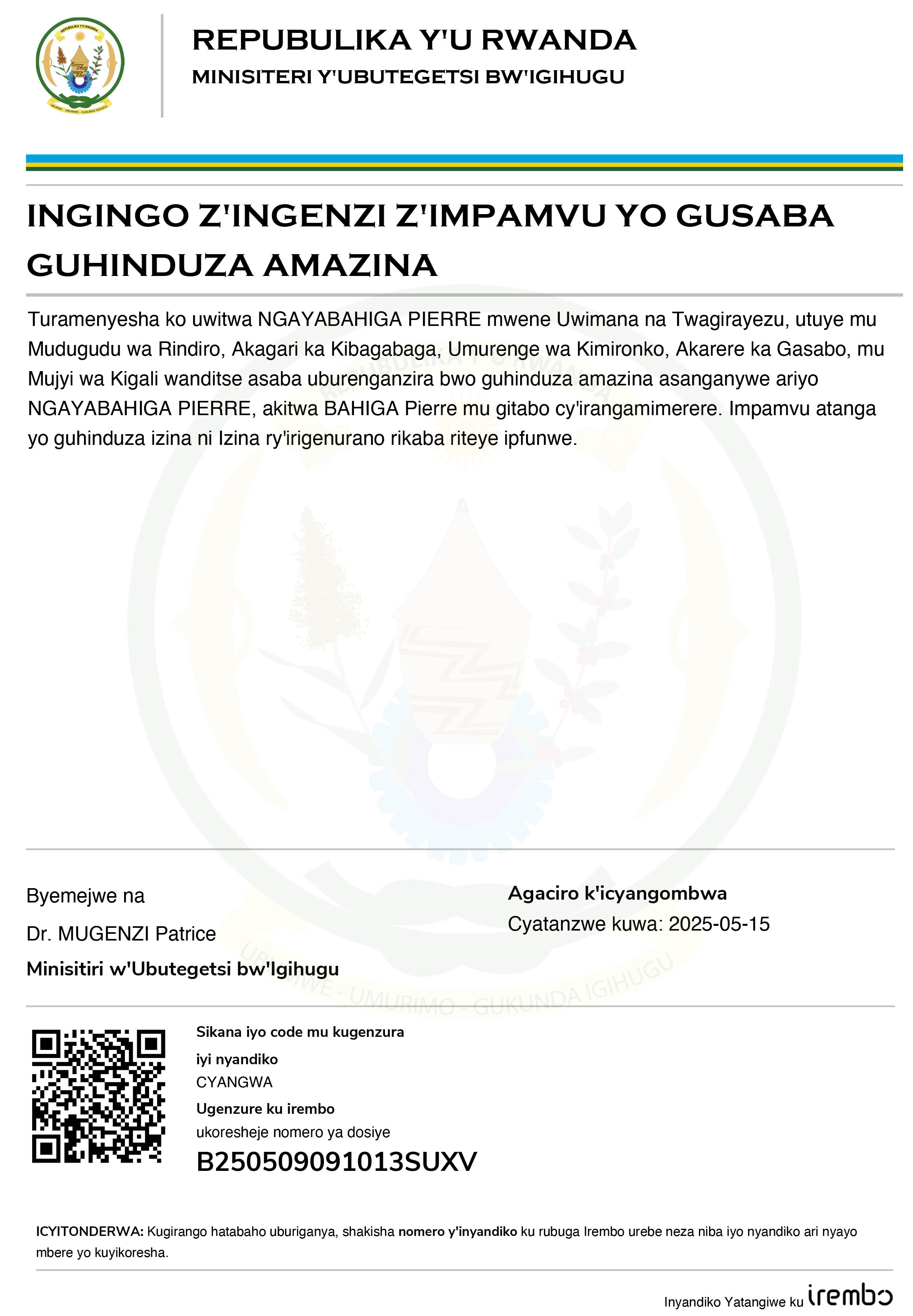 Itangazo ryo guhindura izina akitwa BAHIGA Pierre