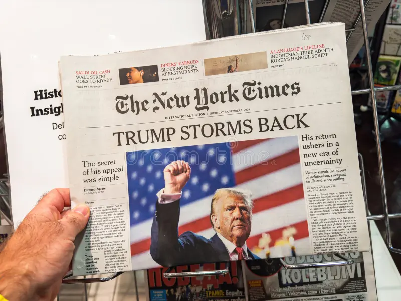 paris france nov front page new york times featuring headline trump storms back highlighting donald s return to presidency 344070347