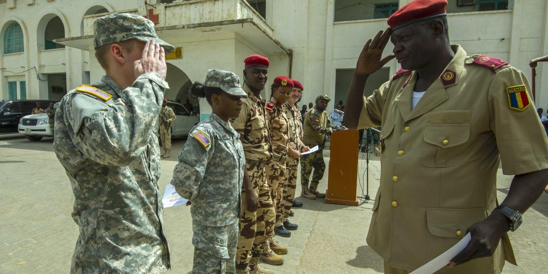 chadians and americans participate in the closing ceremony of medical readiness training exercise held at the military teaching