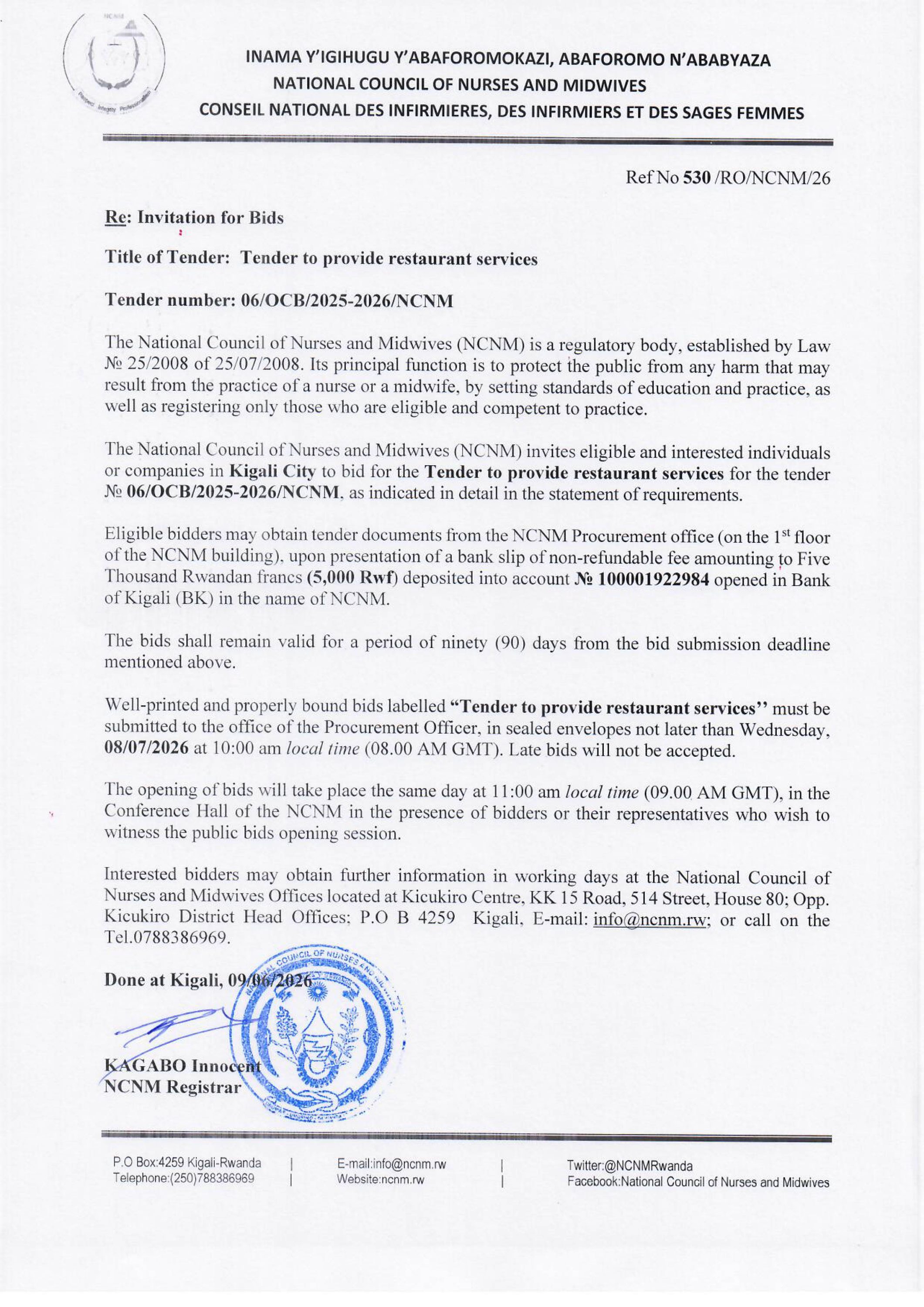 Invitation for Bids| Abafite restaurant batumirwa mu isoko ryo gupiganira kwakira abakozi ba NCNM 1 na NCNM gupiganira