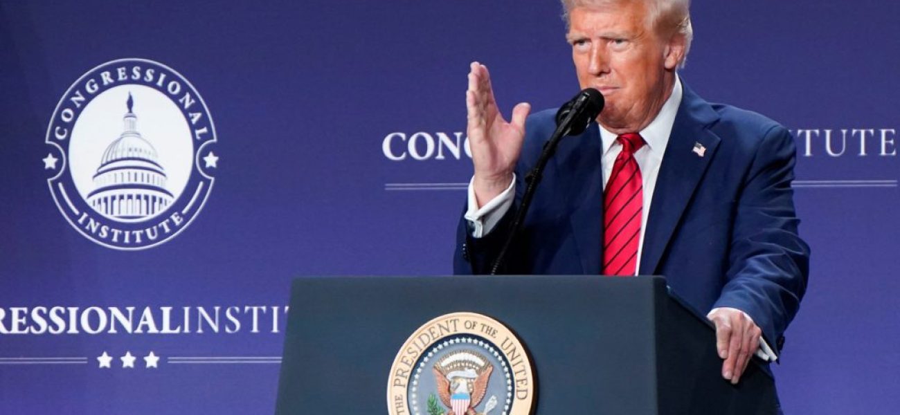 U.S. President Donald Trump gestures during a House Republican members conference meeting in Trump National Doral resort, in Miami, Florida, U.S. January 27, 2025.  REUTERS/Elizabeth Frantz