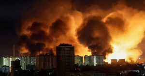 An explosion of a drone lights up the sky over the city during a Russian drone strike, amid Russia's attack on Ukraine, in Kyiv, Ukraine May 24, 2025. REUTERS/Gleb Garanich     TPX IMAGES OF THE DAY