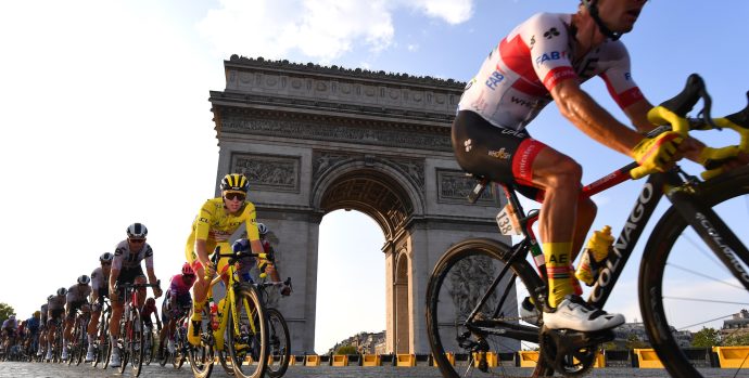 PARIS, FRANCE - SEPTEMBER 20: Tadej Pogacar of Slovenia and UAE Team Emirates Yellow Leader Jersey / Jan Polanc of Slovenia and UAE Team Emirates / Arc De Triomphe / during the 107th Tour de France 2020, Stage 21 a 122km stage from Mantes-La-Jolie to Paris Champs-Élysées / #TDF2020 / @LeTour / on September 20, 2020 in Paris, France. (Photo by Stuart Franklin/Getty Images,)