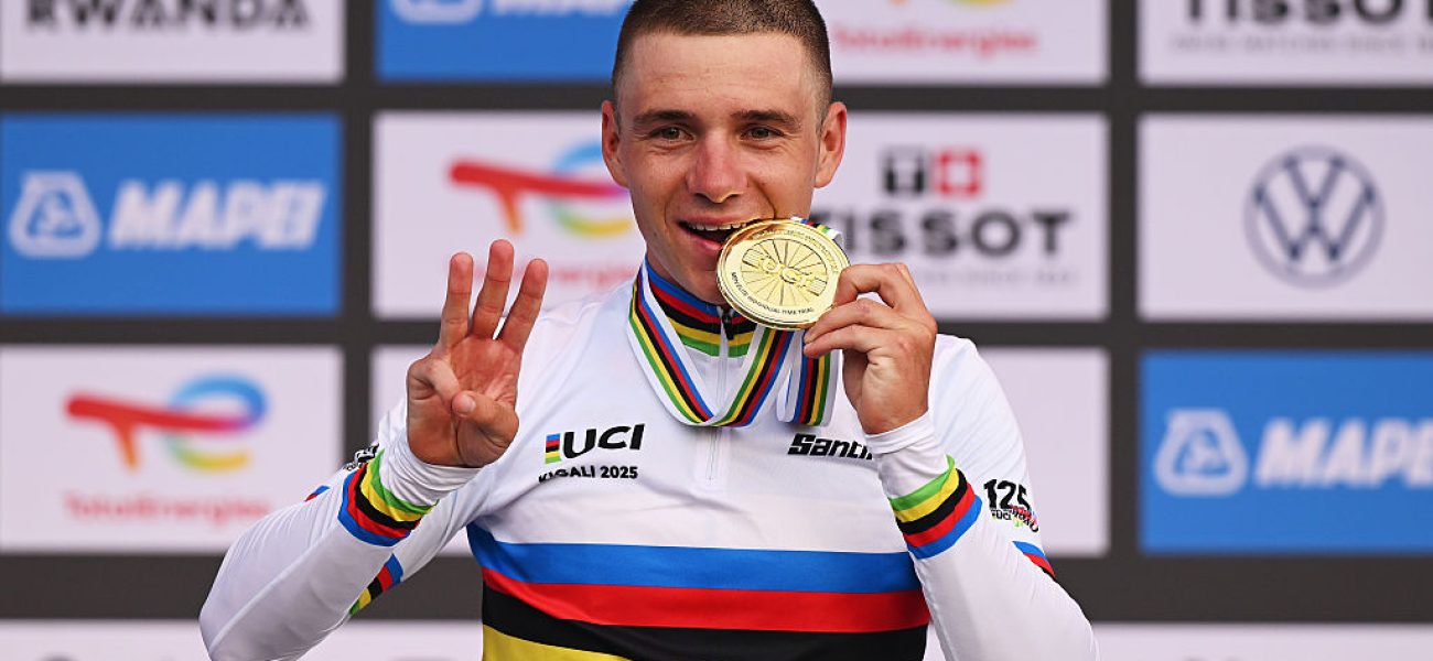 KIGALI, RWANDA - SEPTEMBER 21: Gold medalist Remco Evenepoel of Team Belgium celebrates winning during the medal ceremony after the 98th UCI Cycling World Championships Kigali 2025 - Men Elite Individual Time Trial a 40.6km race from Kigali to Kigali on September 21, 2025 in Kigali, Rwanda. (Photo by Dario Belingheri/Getty Images)