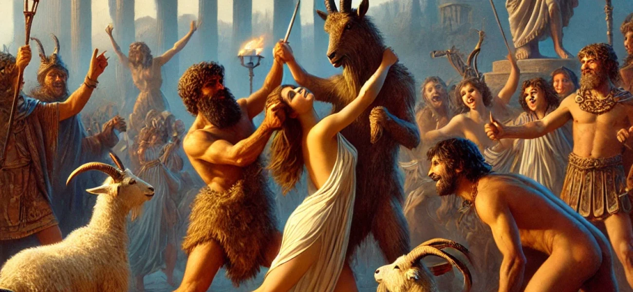 DALL·E 2025-02-14 10.45.57 - A historical scene depicting ancient Romans celebrating Lupercalia, a pagan festival associated with fertility and love. The image shows Roman men dre