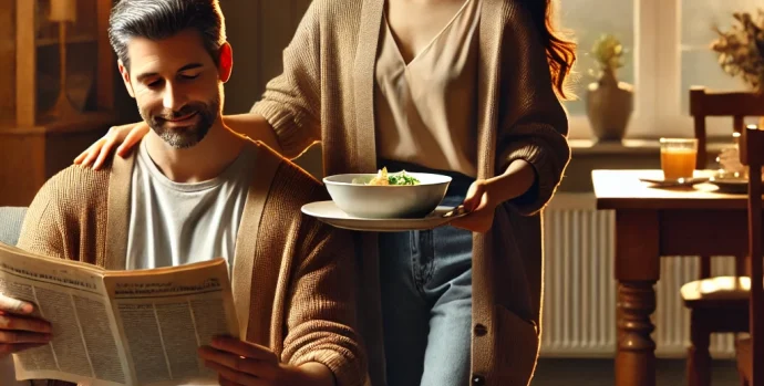 DALL·E 2025-02-21 16.54.29 - A loving couple in a warm home setting. The man is sitting on a couch, reading a newspaper, while the woman is serving him a meal with a gentle smile