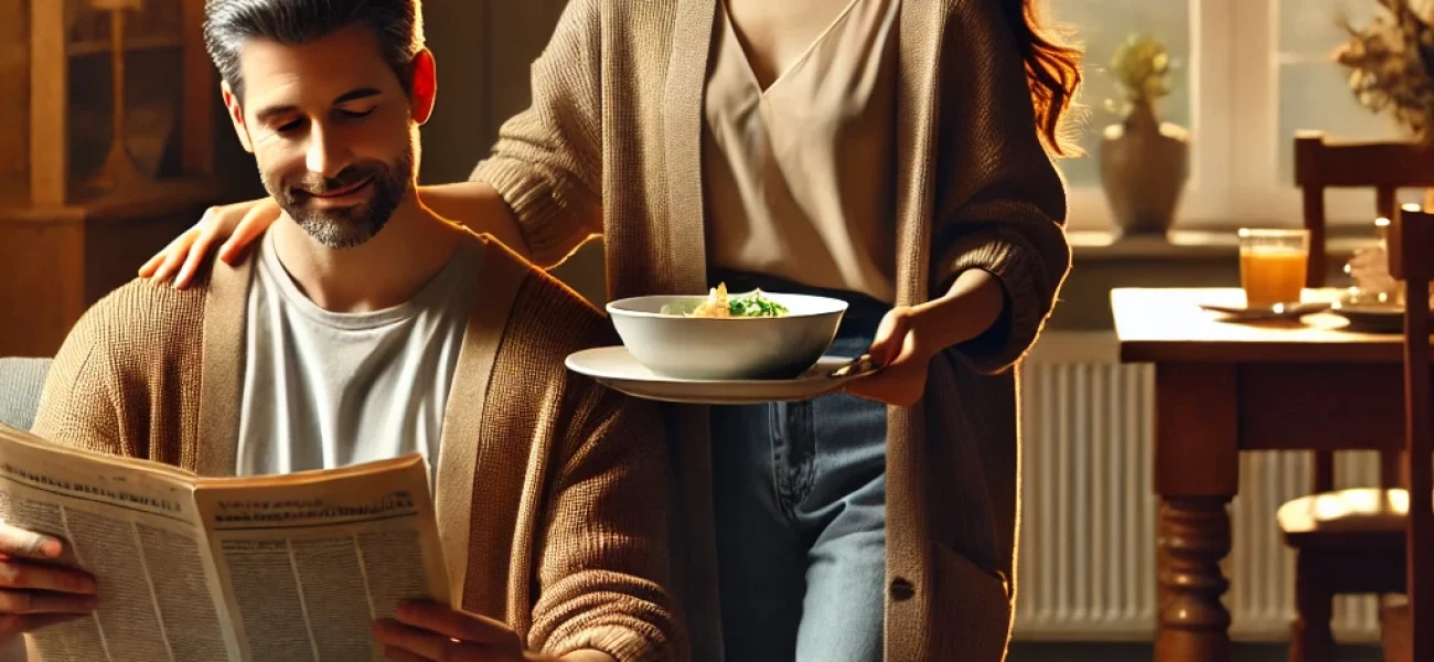 DALL·E 2025-02-21 16.54.29 - A loving couple in a warm home setting. The man is sitting on a couch, reading a newspaper, while the woman is serving him a meal with a gentle smile