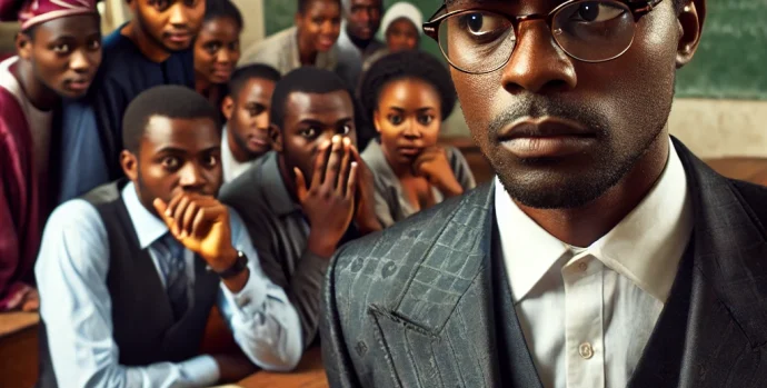 DALL·E 2025-03-01 11.11.33 - A serious university professor in a Nigerian classroom, wearing a formal suit, looking worried while students in the background whisper and glance at