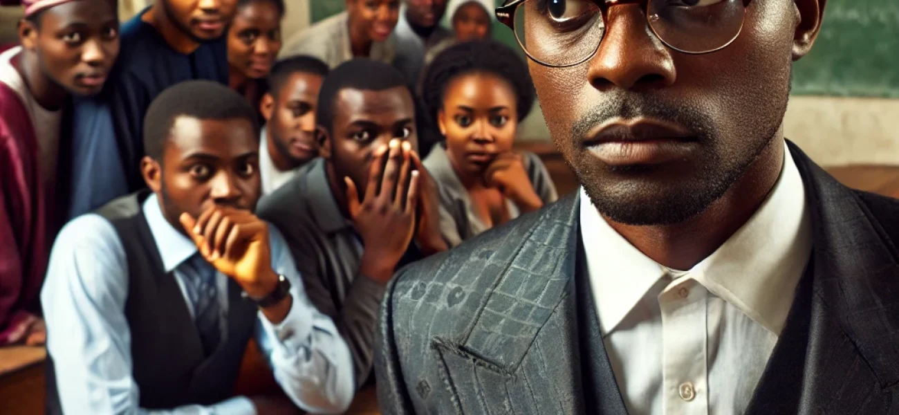 DALL·E 2025-03-01 11.11.33 - A serious university professor in a Nigerian classroom, wearing a formal suit, looking worried while students in the background whisper and glance at