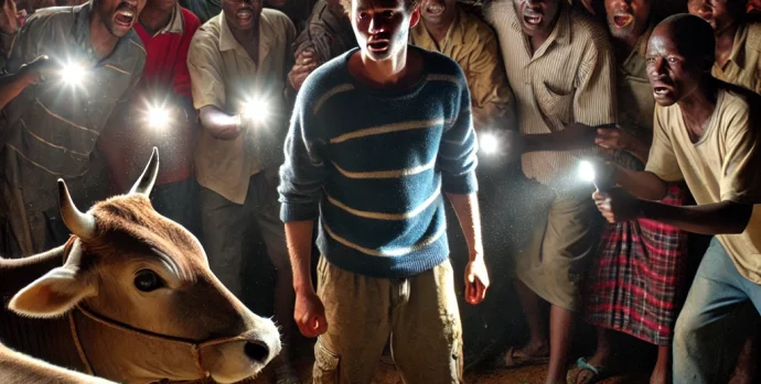 DALL·E 2025-03-01 12.02.18 - A shocking scene in a rural Kenyan village at night, where a group of angry villagers with flashlights have gathered around a wooden animal shed. A yo