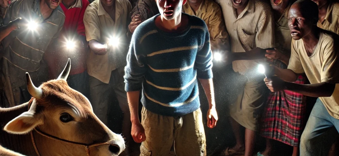 DALL·E 2025-03-01 12.02.18 - A shocking scene in a rural Kenyan village at night, where a group of angry villagers with flashlights have gathered around a wooden animal shed. A yo