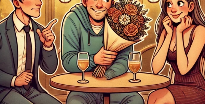 DALL·E 2025-03-01 12.43.20 - An illustration of two types of men in a dating scenario_ one man, looking timid and overly nice, offering flowers nervously to a woman who seems unin