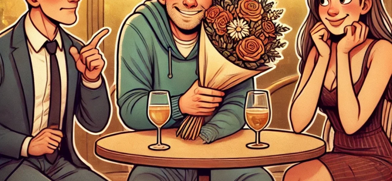 DALL·E 2025-03-01 12.43.20 - An illustration of two types of men in a dating scenario_ one man, looking timid and overly nice, offering flowers nervously to a woman who seems unin