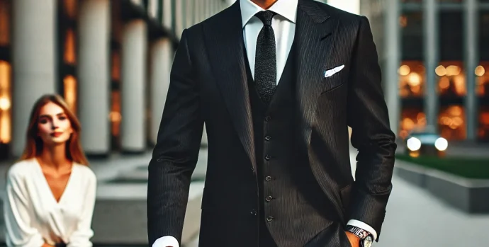 DALL·E 2025-03-04 17.43.03 - A stylish man in a well-fitted suit walking confidently in an urban setting. In the background, a woman watches him with curiosity and admiration. The