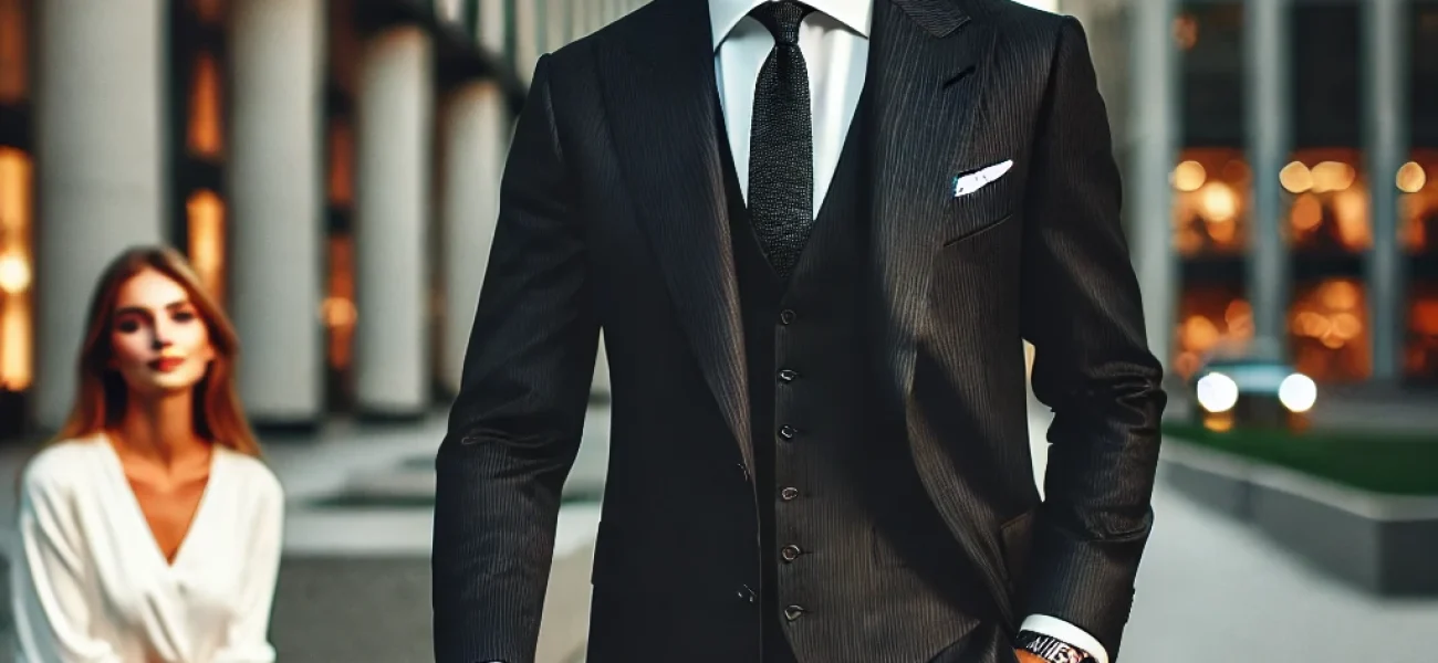 DALL·E 2025-03-04 17.43.03 - A stylish man in a well-fitted suit walking confidently in an urban setting. In the background, a woman watches him with curiosity and admiration. The