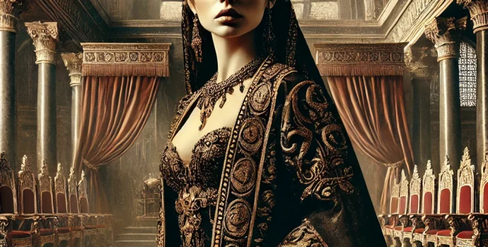 DALL·E 2025-03-13 18.04.21 - A dramatic and historical illustration of Queen Athaliah, an ancient and powerful queen from the Bible, standing in a royal palace setting. She is dre