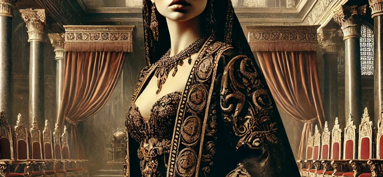 DALL·E 2025-03-13 18.04.21 - A dramatic and historical illustration of Queen Athaliah, an ancient and powerful queen from the Bible, standing in a royal palace setting. She is dre