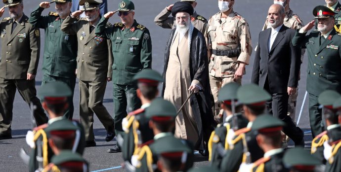 TEHRAN, IRAN - OCTOBER 03: (----EDITORIAL USE ONLY - MANDATORY CREDIT - "IRANIAN LEADER PRESS OFFICE / HANDOUT" - NO MARKETING NO ADVERTISING CAMPAIGNS - DISTRIBUTED AS A SERVICE TO CLIENTS----) Iranian Supreme Leader Ali Khamenei attends the joint graduation ceremony of armed forces cadets at Imam Hussein Military University in Tehran, Iran on October 03, 2022. In his speech, Khamenei held the USA and Israel responsible for the protests that started across the country after Mahsa Amini's death. (Photo by Iranian Leader Press Office / Handout/Anadolu Agency via Getty Images)