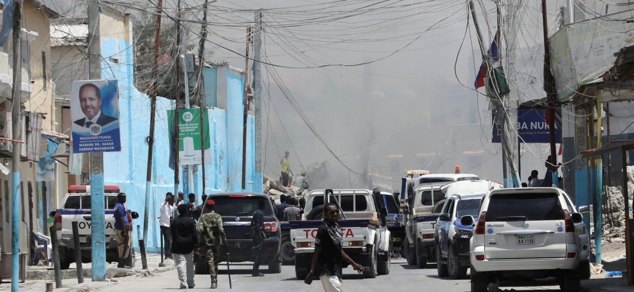Emergency vehicles gather at the scene of an explosion near the Presidential Palace, also known as Villa Somalia, in the Hamar Jajab district of Mogadishu, Somalia March 18, 2025. REUTERS/Feisal Omar