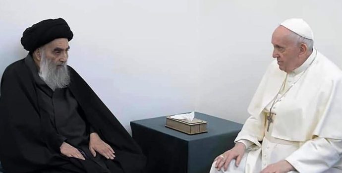 A photo released by the Grand Ayatollah Ali al-Sistani Office shows the meeting between Pope Francis, right, and Shiite Muslim leader Grand Ayatollah Ali al-Sistani in Najaf, Iraq, Saturday, March 6, 2021. Pope Francis arrived in Iraq on Friday to urge the country's dwindling number of Christians to stay put and help rebuild the country after years of war and persecution, brushing aside the coronavirus pandemic and security concerns to make his first-ever papal visit. (AP Photo)