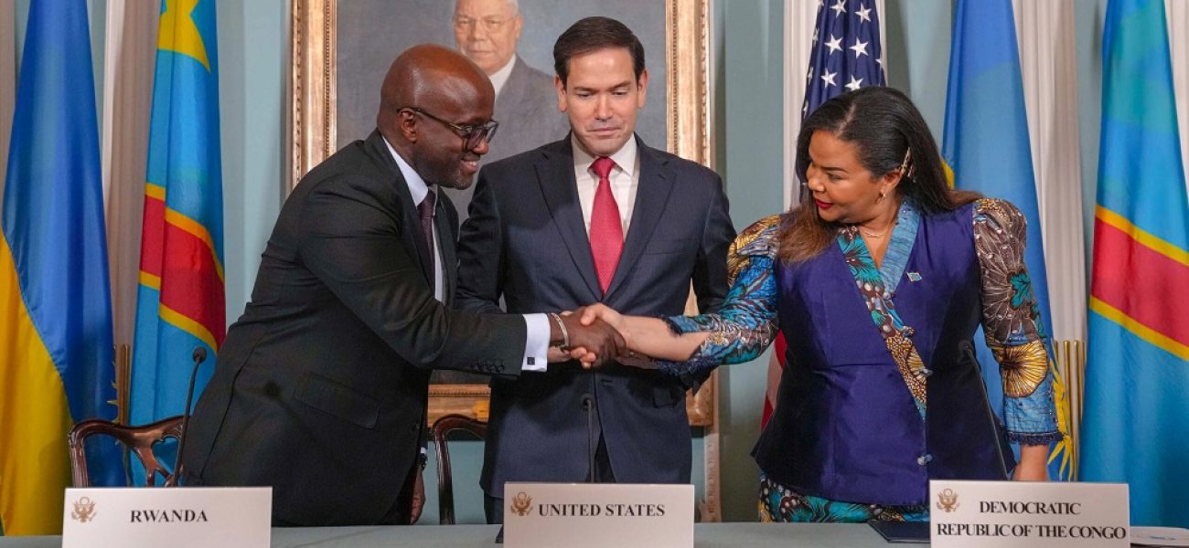 Secretary Marco Rubio hosts a Democratic Republic of the Congo-Rwanda Peace Agreement signing ceremony between Democratic Republic of the Congo Foreign Minister Thérèse Kayikwamba Wagner and Rwandan Foreign Minister Olivier Nduhungirehe at the Department of State in Washington, D.C., June 27, 2025. (Official State Department photo by Freddie Everett)