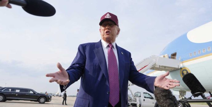 President Donald Trump speaks to reporters after arriving on Air Force One, Tuesday, June 10, 2025, at Joint Base Andrews, Md. (AP Photo/Alex Brandon)