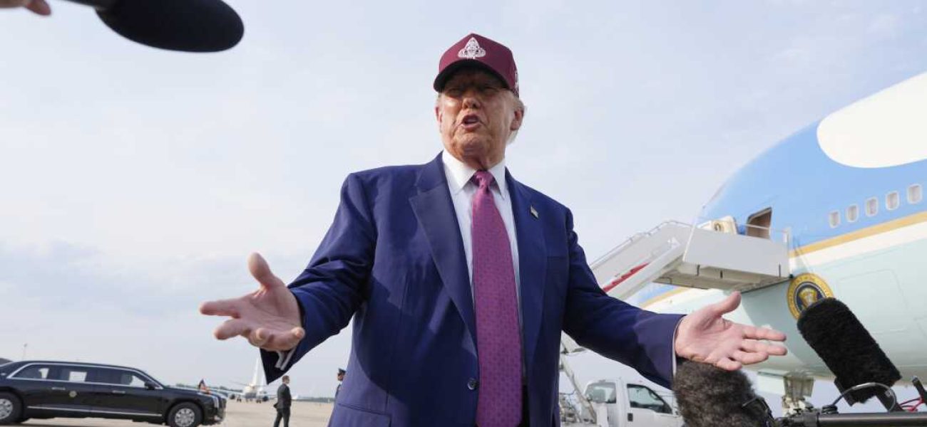 President Donald Trump speaks to reporters after arriving on Air Force One, Tuesday, June 10, 2025, at Joint Base Andrews, Md. (AP Photo/Alex Brandon)