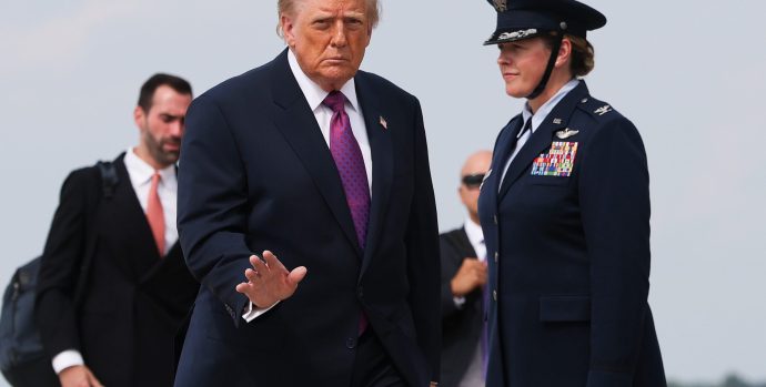 JOINT BASE ANDREWS, MARYLAND - AUGUST 27: U.S. President Donald Trump walks to board Air Force One on August 27, 2026 at Joint Base Andrews, Maryland. President Trump is traveling to Houston, Texas on a multi-day visit to attend an RNC fundraising event and a ceremony honoring the Artemis II crew. (Photo by Win McNamee/Getty Images)