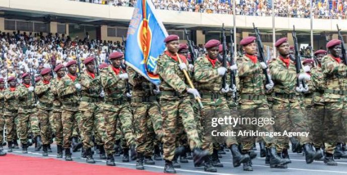 Military parade of the Armed and Security Forces of the DR Congo during the inauguration of President Felix-Antoine Tshisekedi Tshilombo, on January 20, 2024 at the Martyrs stadium in Kinshasa. (Photo by: Desirey Minkoh/Presse presidentielle/AfrikImages/Universal Images Group via Getty Images)