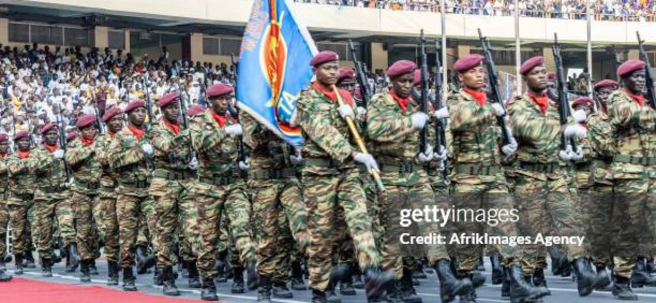 Military parade of the Armed and Security Forces of the DR Congo during the inauguration of President Felix-Antoine Tshisekedi Tshilombo, on January 20, 2024 at the Martyrs stadium in Kinshasa. (Photo by: Desirey Minkoh/Presse presidentielle/AfrikImages/Universal Images Group via Getty Images)