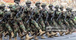 The Special Forces of the Armed Forces of the DR Congolese (Fardc) parading during the inauguration of President Felix-Antoine Tshisekedi Tshilombo, on January 20, 2024 at the Martyrs stadium in Kinshasa. (Photo by: Desirey Minkoh/Presse presidentielle/AfrikImages/Universal Images Group via Getty Images)