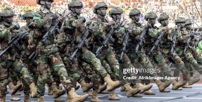 The Special Forces of the Armed Forces of the DR Congolese (Fardc) parading during the inauguration of President Felix-Antoine Tshisekedi Tshilombo, on January 20, 2024 at the Martyrs stadium in Kinshasa. (Photo by: Desirey Minkoh/Presse presidentielle/AfrikImages/Universal Images Group via Getty Images)