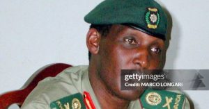 (FILES) A picture taken on January 4, 2001 shows Rwandan Army Chief of Staff, Major General Kayumba Nyamwansa during a press conference in Camp Kigali. The former chief of staff, who is now Rwandan ambassador in India, Faustin Kayumba Nyamwasa fled to South Africa, via Uganda and then Kenya, an official Rwandan source said on March 2, 2010 in Kampala. AFP PHOTO FILES / MARCO LONGARI        (Photo credit should read MARCO LONGARI/AFP via Getty Images)
