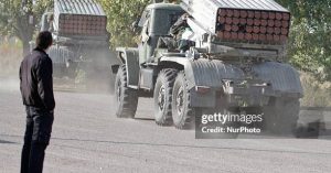 LUGANSK, UKRAINE - SEPTEMBER 12: A BM-21 rocket launcher on the road in Lugansk region (Photo by Sergii Kharchenko/NurPhoto) (Photo by NurPhoto/Corbis via Getty Images)