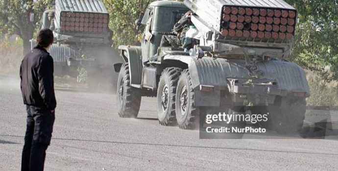 LUGANSK, UKRAINE - SEPTEMBER 12: A BM-21 rocket launcher on the road in Lugansk region (Photo by Sergii Kharchenko/NurPhoto) (Photo by NurPhoto/Corbis via Getty Images)