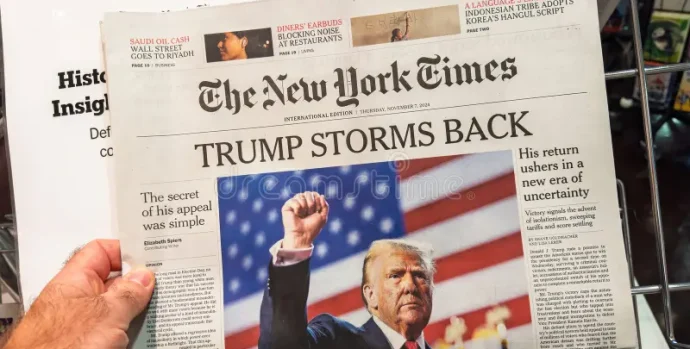 paris-france-nov-front-page-new-york-times-featuring-headline-trump-storms-back-highlighting-donald-s-return-to-presidency-344070347