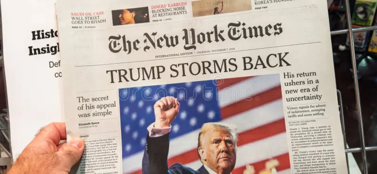 paris-france-nov-front-page-new-york-times-featuring-headline-trump-storms-back-highlighting-donald-s-return-to-presidency-344070347