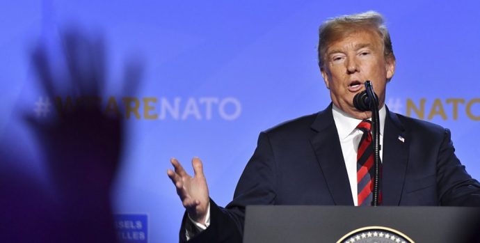 U.S. President Donald Trump speaks during a press conference after a summit of heads of state and government at NATO headquarters in Brussels, Belgium, Thursday, July 12, 2018. NATO leaders gather in Brussels for a two-day summit. (AP Photo/Geert Vanden Wijngaert)